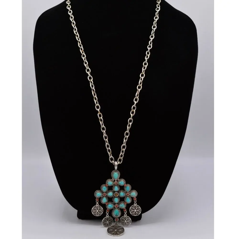 Graziano Vintage Turquoise Cabochon Coin Pendant Necklace South Western 1990s 9J